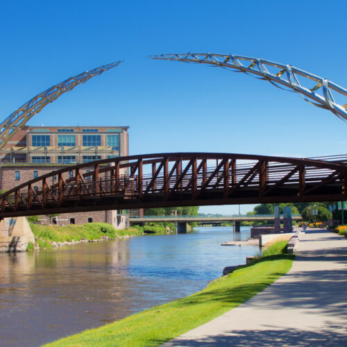 The bike and walking trail in downtown Sioux Falls South Dakota, a public city park trail featuring a scenic historic location and modern art along the trail. A popular visitors destination for tourists and local residents.